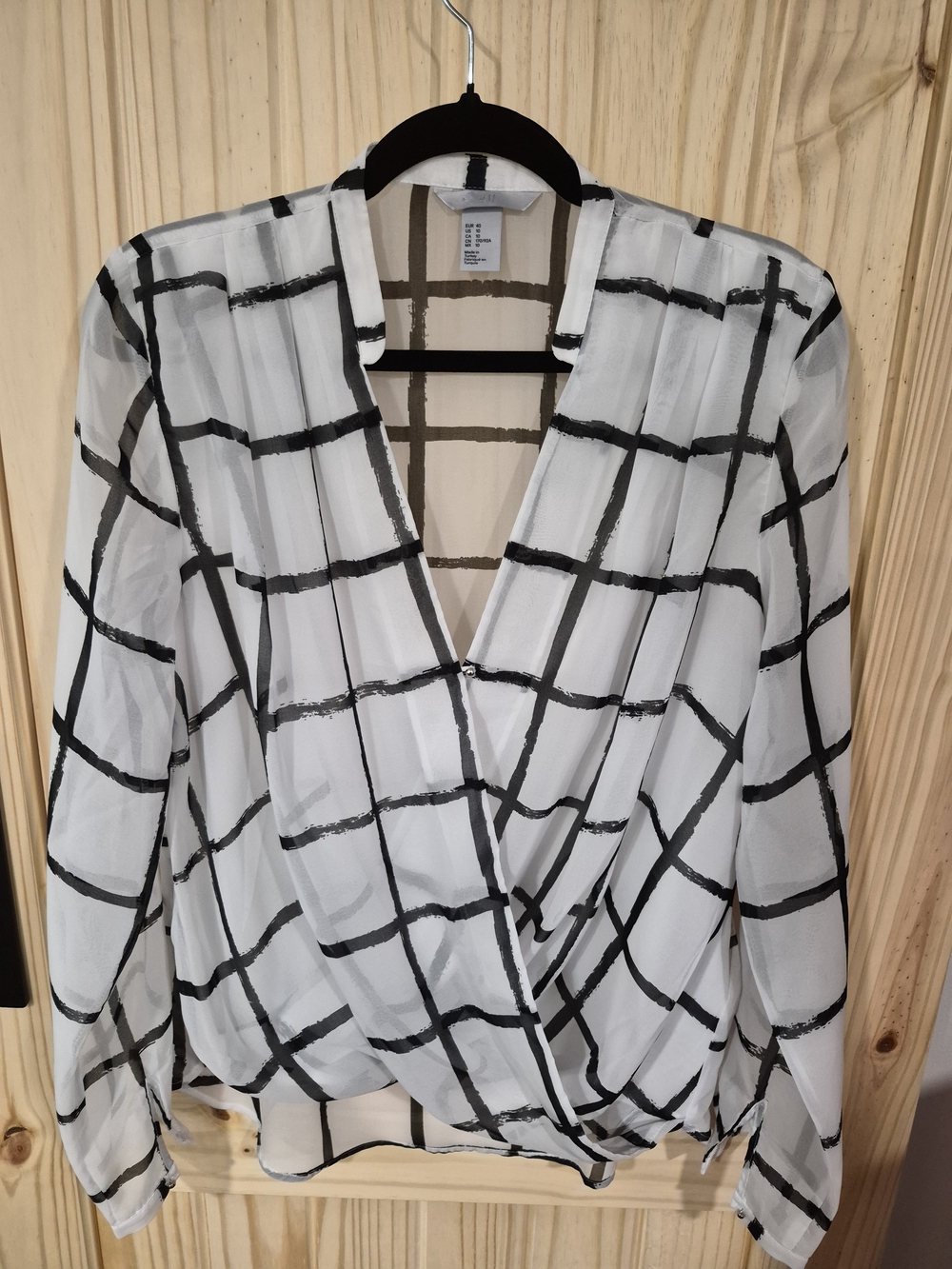 H&M White Sheer Grid Wrap Blouse with Black Check